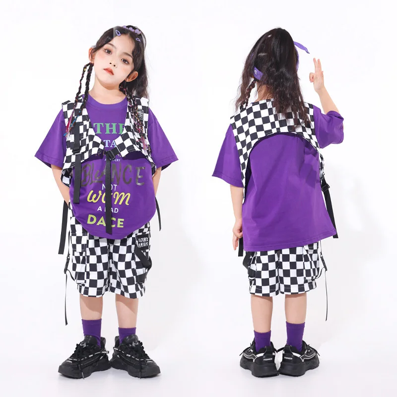 Girls Hip Hop Costume Boys Jazz Dance Clothing for Kids Children Plaid Vest Shorts Street Dance Drum Stage Performance Wear