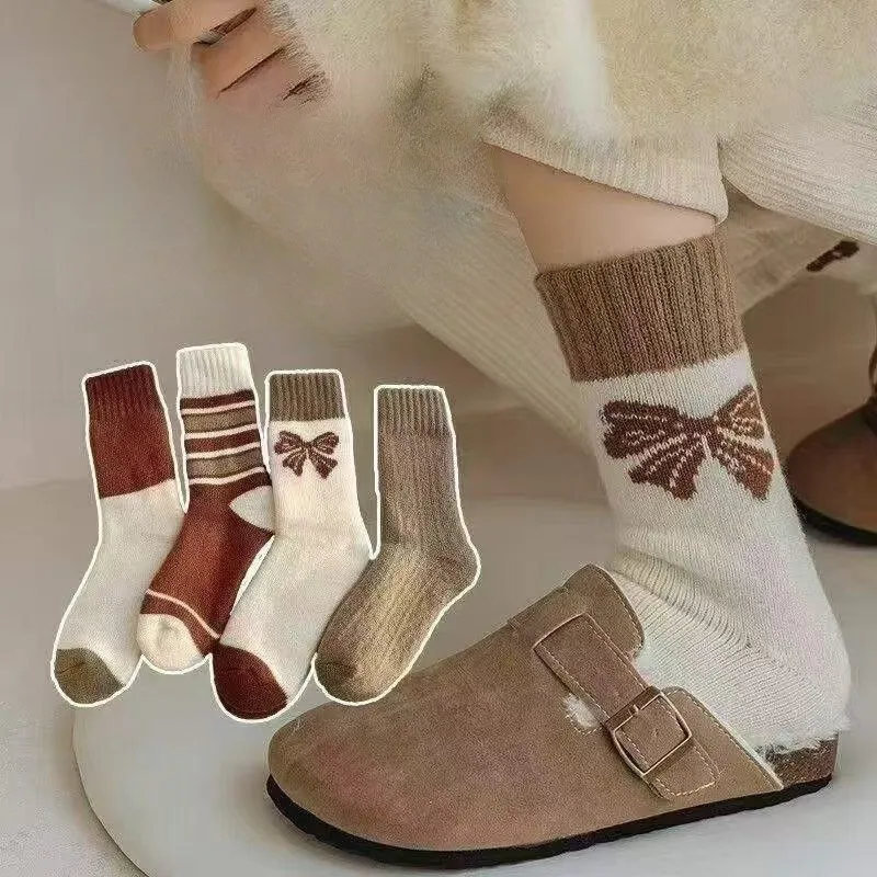 4 pares meias térmicas longas femininas outono e inverno doce meados de bezerro engrossado quente extra grosso meias confortáveis atacado 2025