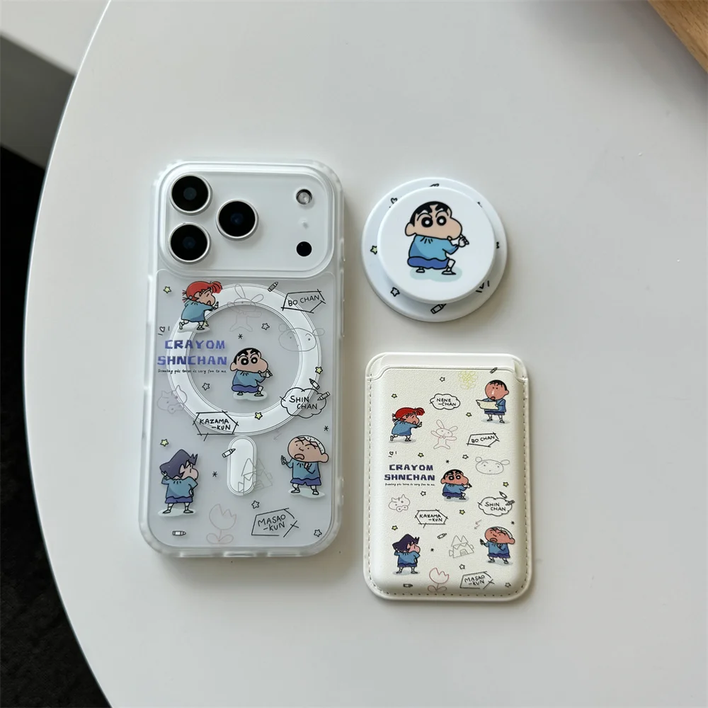 

Korean Ins Cute cartoon Shin-chan Magnetic Stand Phone Case For iPhone 17 16 Pro 15 14 Pro Max 13 Cover For Magsafe Card Holder