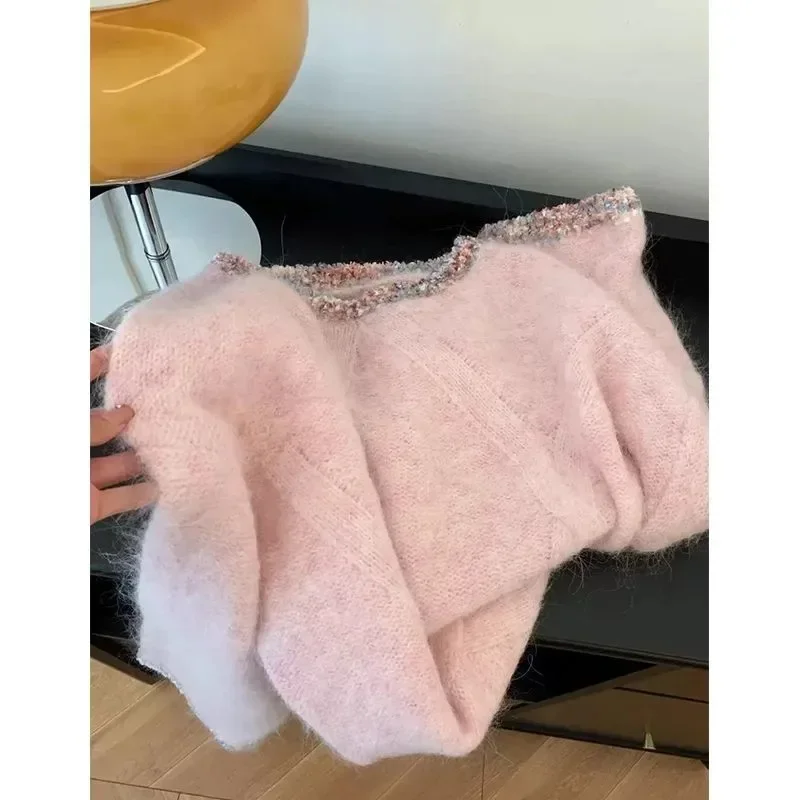 Suéter de cuello redondo de punto rosa suave para mujer primavera Otoño Invierno diseño sensación estilo perezoso calidad fibra de poliéster superior