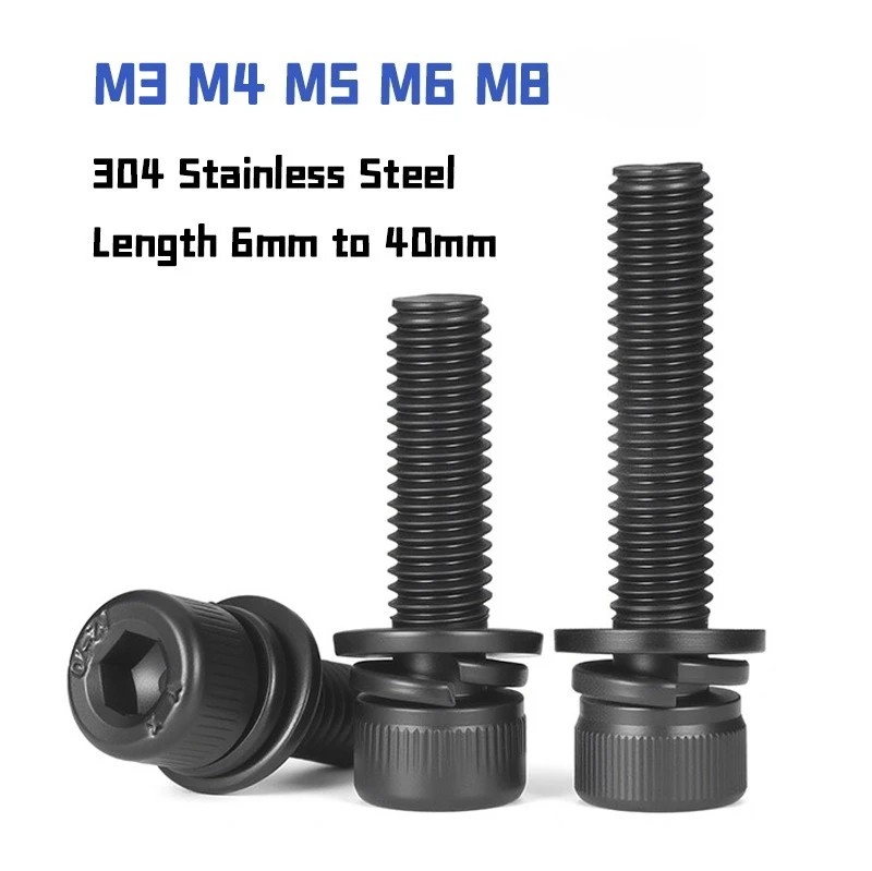 Black 304 Stainless Steel M3 M4 M5 M6 M8 Allen Hexagon Hex Socket Cap Head Screw Bolt With Washer Spring Gasket Set