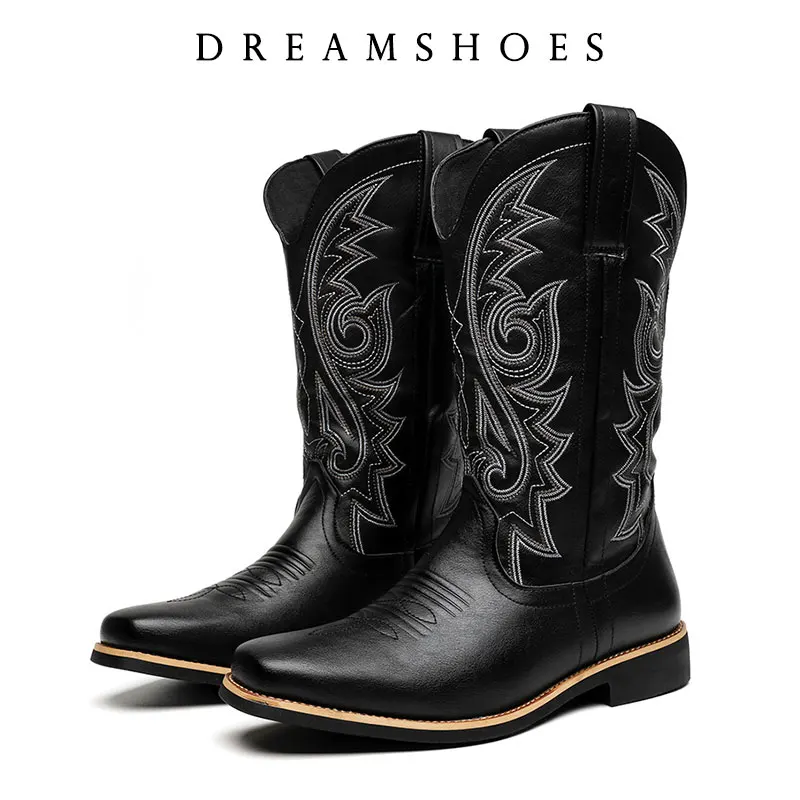 

2025 Man Long Cowboy Boots Embroidery Western Boot Mid-calf Male Boots New Slip on Men Riding Boots Zapatos Hombre