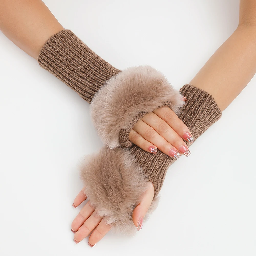 Lady Knitting Faux Fur Arm Sleeves Hand Warmer Half Finger Gloves Autumn Winter Warm Sleeves Fingerless Gloves Outdoor Mittens