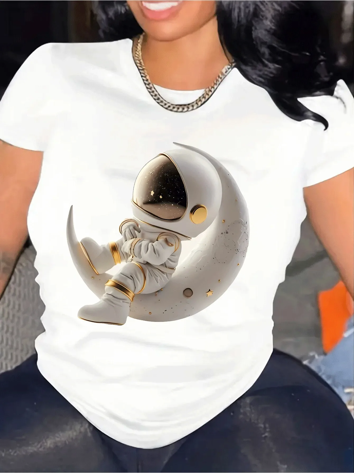 With Crescent Stars Medium-Stretch Polyester Round Casual Summer Women's Astronaut Graphic T-Shirt Space-Themed Print