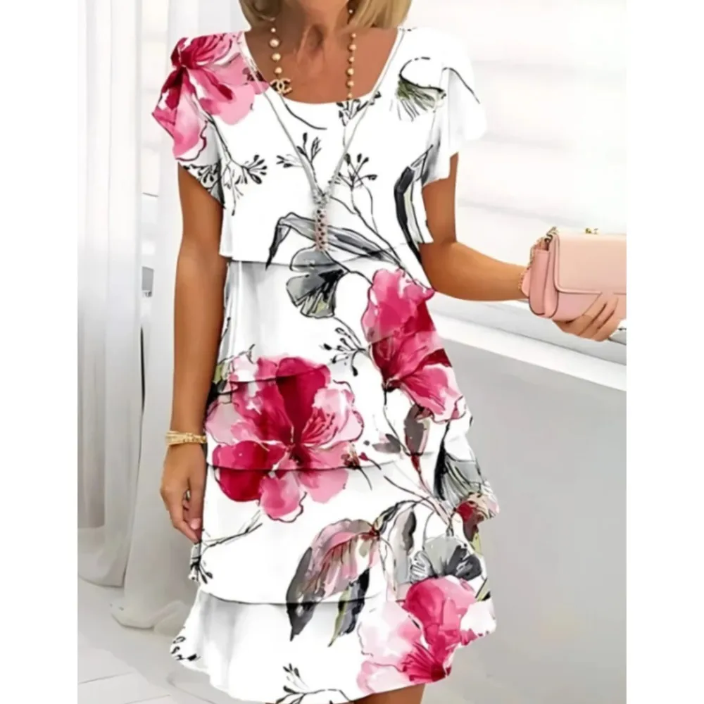 Moda em camadas babados vestido curto para o verão feminino casual impresso de manga curta solto elegante feminino praia férias vestidos