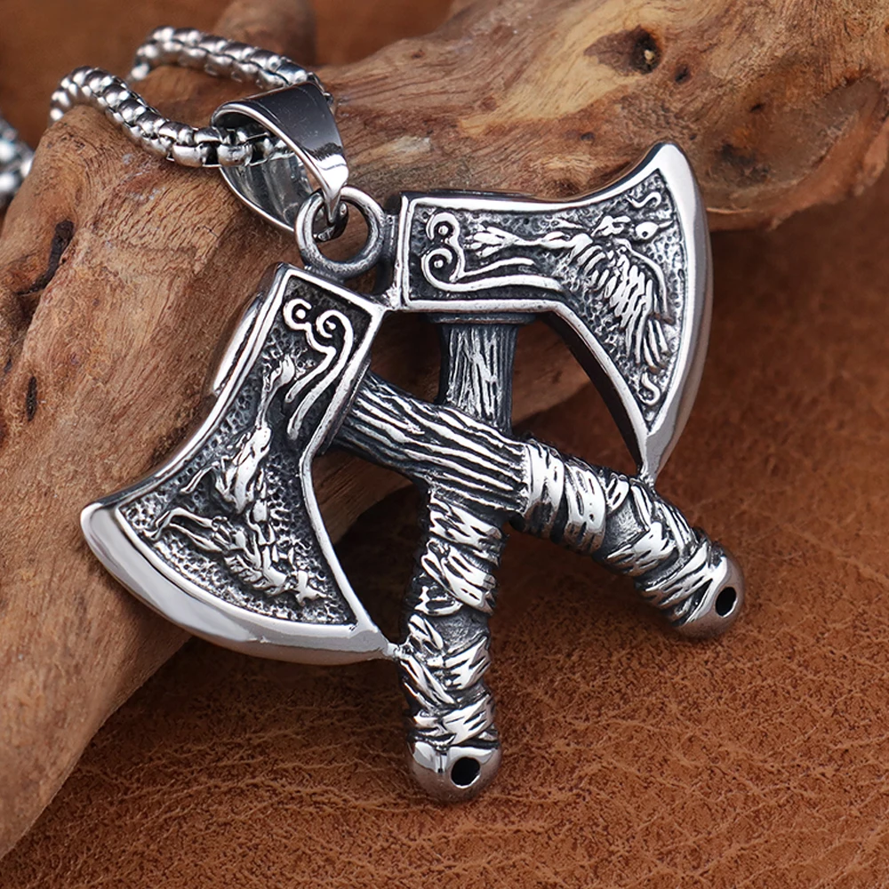 Classic Viking Double Axe Pendant Chain Mens Vintage Stainless Steel Nordic Wolf and Eagle Necklace Amulet Scandinavian Jewelry