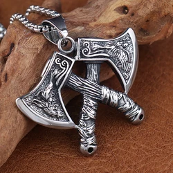 Classic Viking Double Axe Pendant Chain Mens Vintage Stainless Steel Nordic Wolf and Eagle Necklace Amulet Scandinavian Jewelry