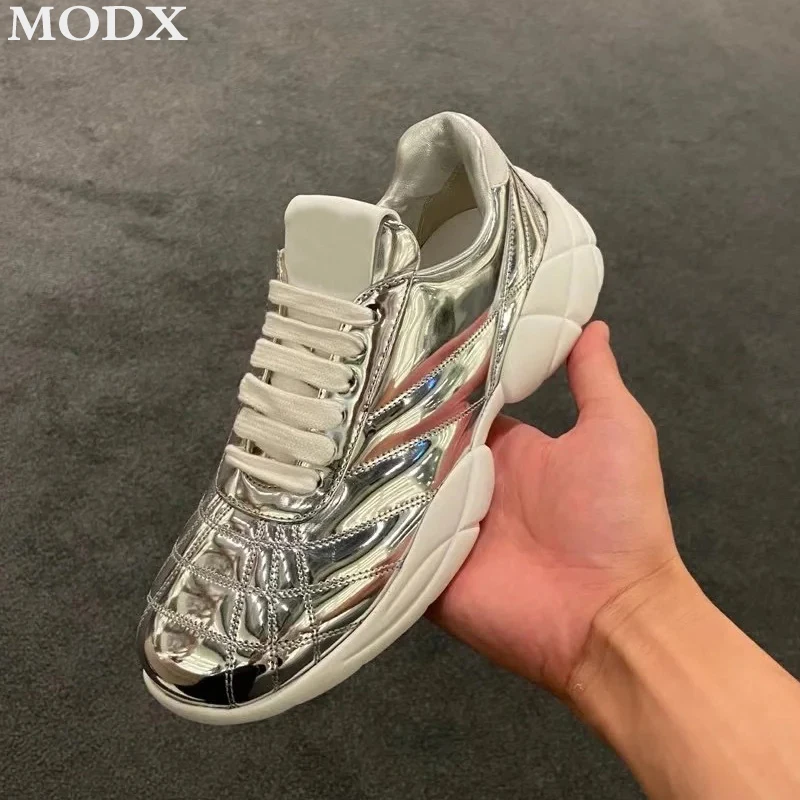 2024 Autumn/Winter Lace-up Casual Sneakers Metallic Silver Genuine Leather Fashion All-match Comfortable Round Toe Ladies Shoes