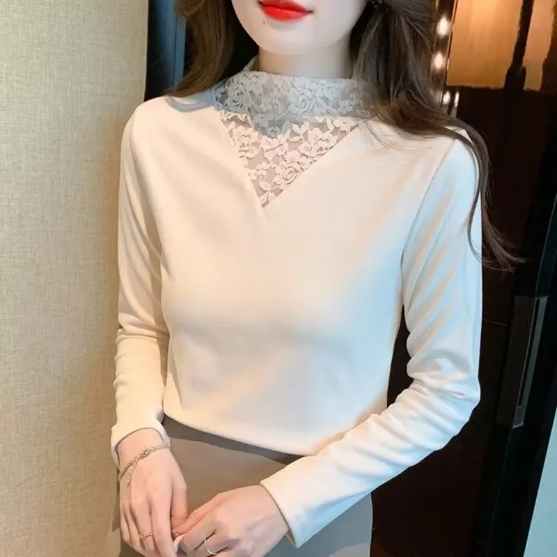 

Velvet Lace Patchwork Base Shirt 2025 Women Autumn Winter Warm Long Sleeve T-shirt Blouse Female Korean Style Sweet Base Shirt
