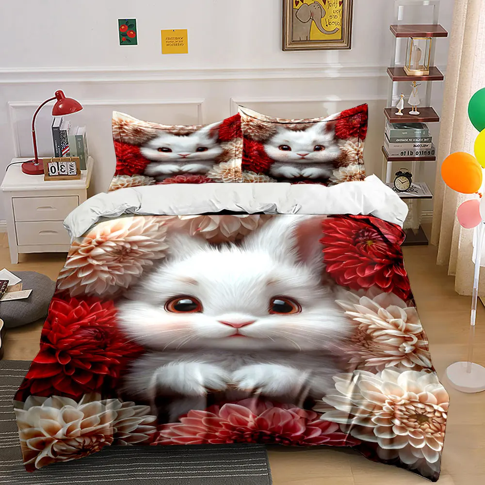 Charming White Bunny Surrounded by Flowers Print Bedding Set 1 Duvet Cover 2 Pillowcases for Adult and Children Luxury Gift