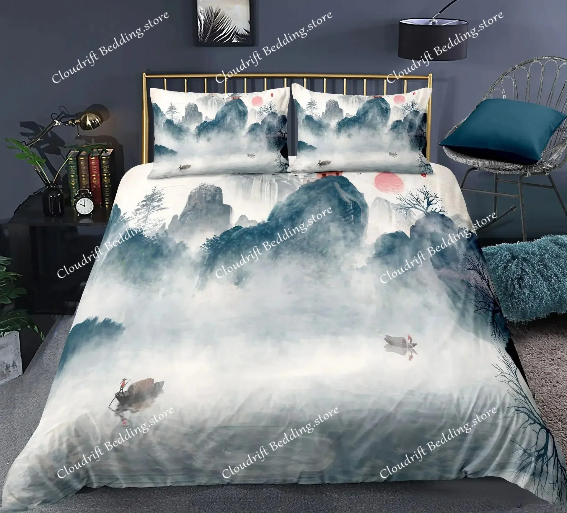 

Nature Landscape Duvet Cover KingQueen Size,Chinese Ink Painting Style Bedding Set Mountain River Polyester Quilt Cover