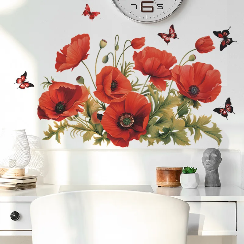 

Romantic Poppy Butterfly Wall Stickers for Living Room Bedroom Entrance Home Decoration Red Flowers Wall Sticker Self-adhesive