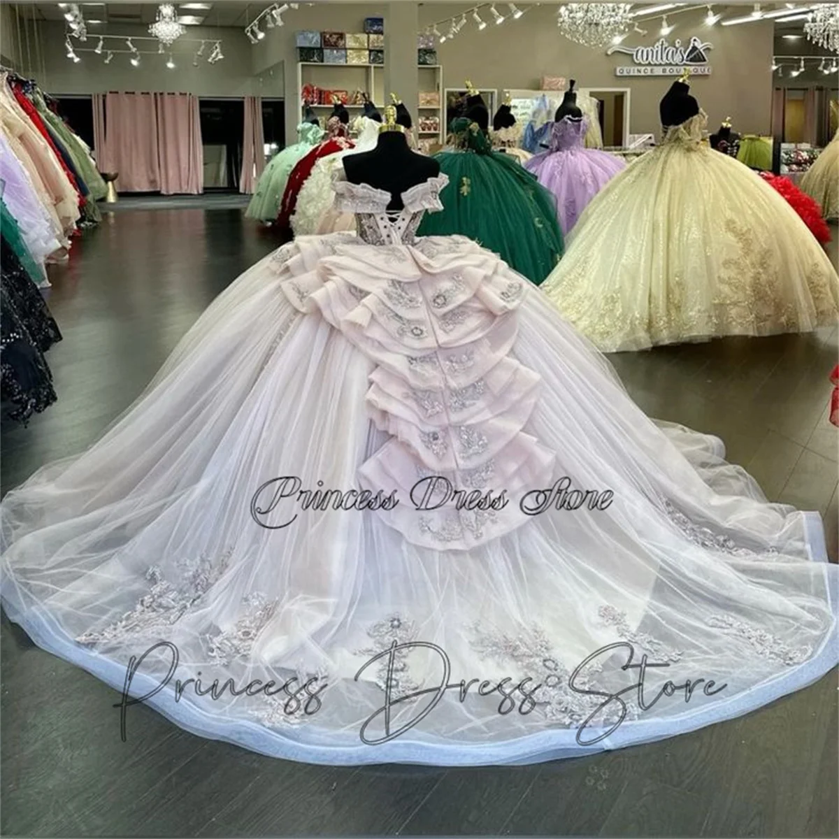 Jasnozielona sukienka na quinceanerę Meksyk Off Shoulder Flower Princess Sweet 15 16. Suknia na konkurs piękności Urodziny Party Vestidos De XV Años