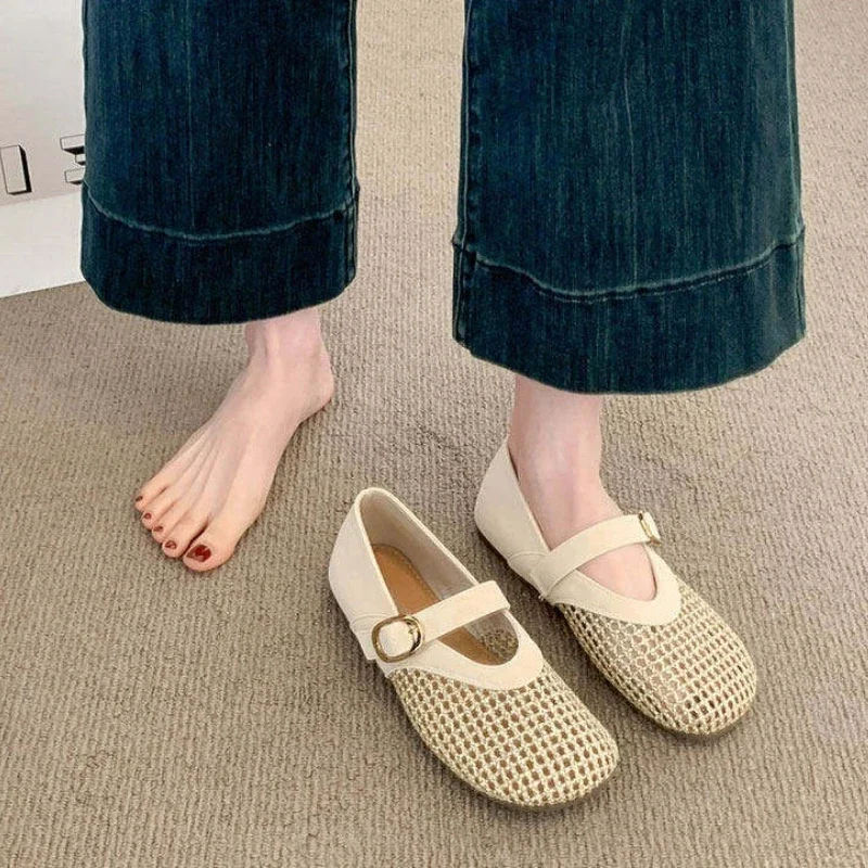 Spring and Summer Women's Round Toe Casual and Comfortable Flat Shoes Mesh Hollow Breathable Leopard Print Trimmed Low-top Shoes