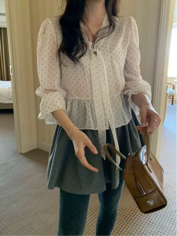 Chic V-neck Tunic Shirt Polka Dot Chiffon Loose Fit Belted Thin Autumn Sweet Anti-aging Women's Top Korean Style Spring Autumn
