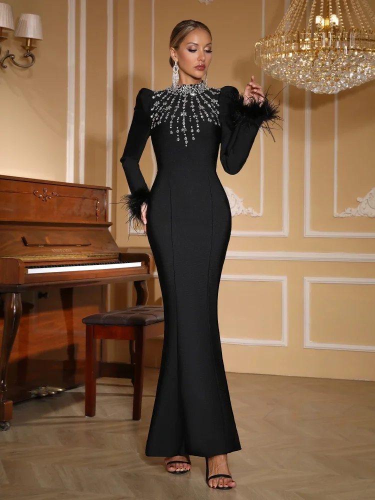 ชุดเดรสยาวแขนยาวประดับขนนก แต่งผ้าพันแผล ประดับเพชรดำ ชุดเดรสเข้ารูปสำหรับผู้หญิง ชุดราตรีงานเลี้ยงแบบเซเลบริตี้