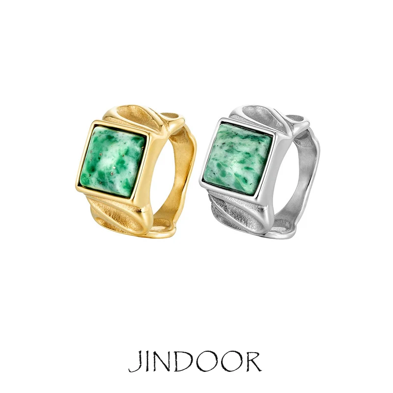 JINDOOR Green Titanium-Plated Square Turquoise Ring, Unique Gemstone Jewelry for Women, Stylish Fashion Statement Accessory