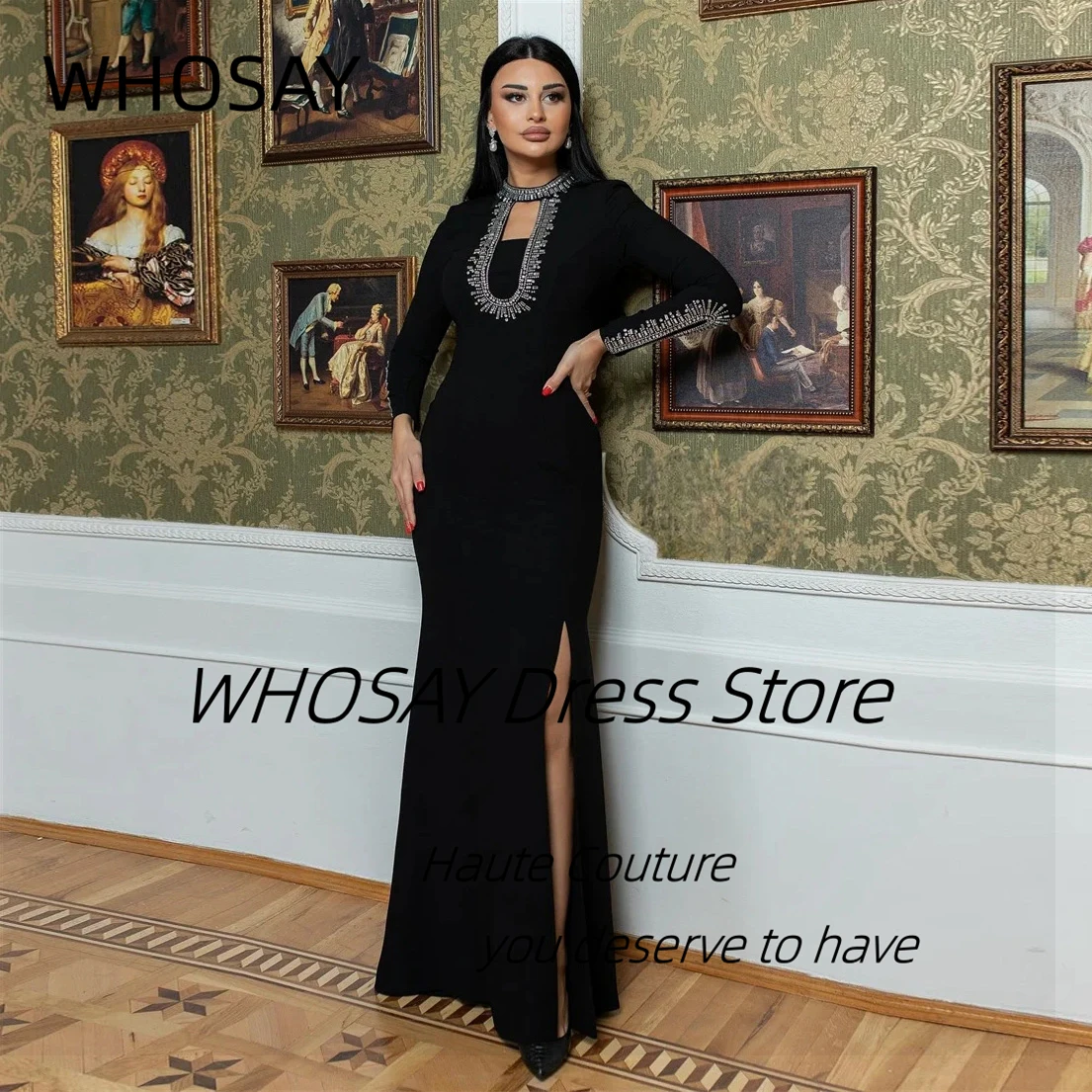 

WHOSAY Вечерние платья по индивидуальному заказу с бисером и длинными рукавами Vestidos De Gala Вечернее платье с разрезом по бокам Сексуальные черные платья для выпускного вечера