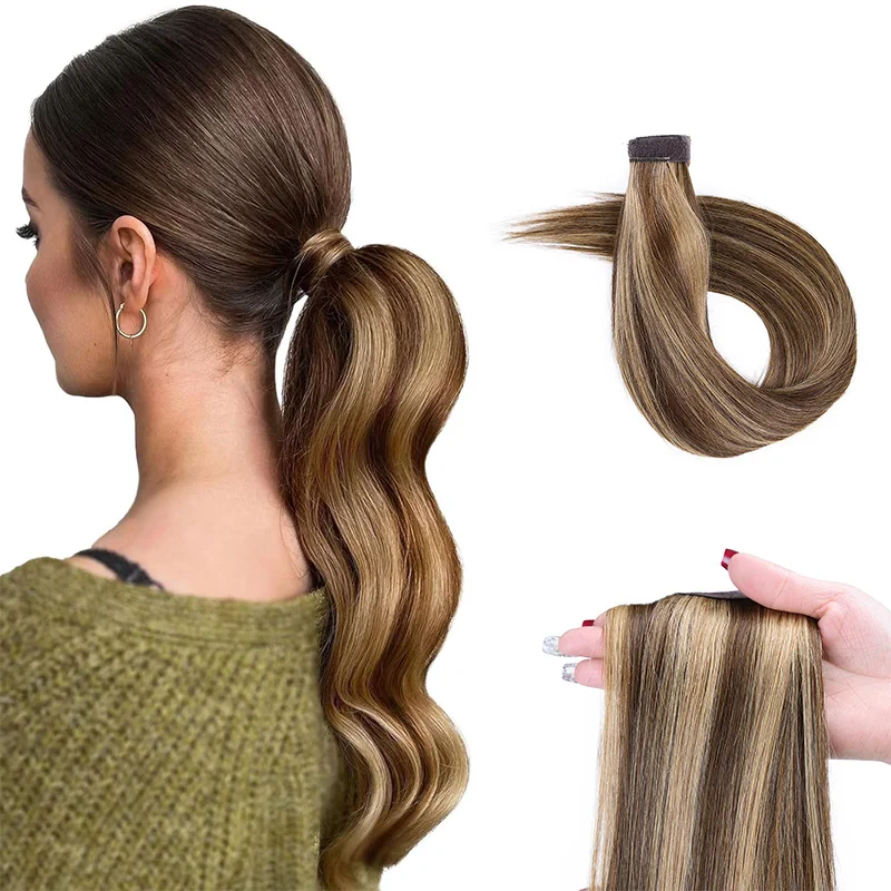 

Straight Ponytail Human Hair Extensions Remy Hair Machine Made Magic Wrap Around Clip In Ponytail Hair Extensions P4/27#