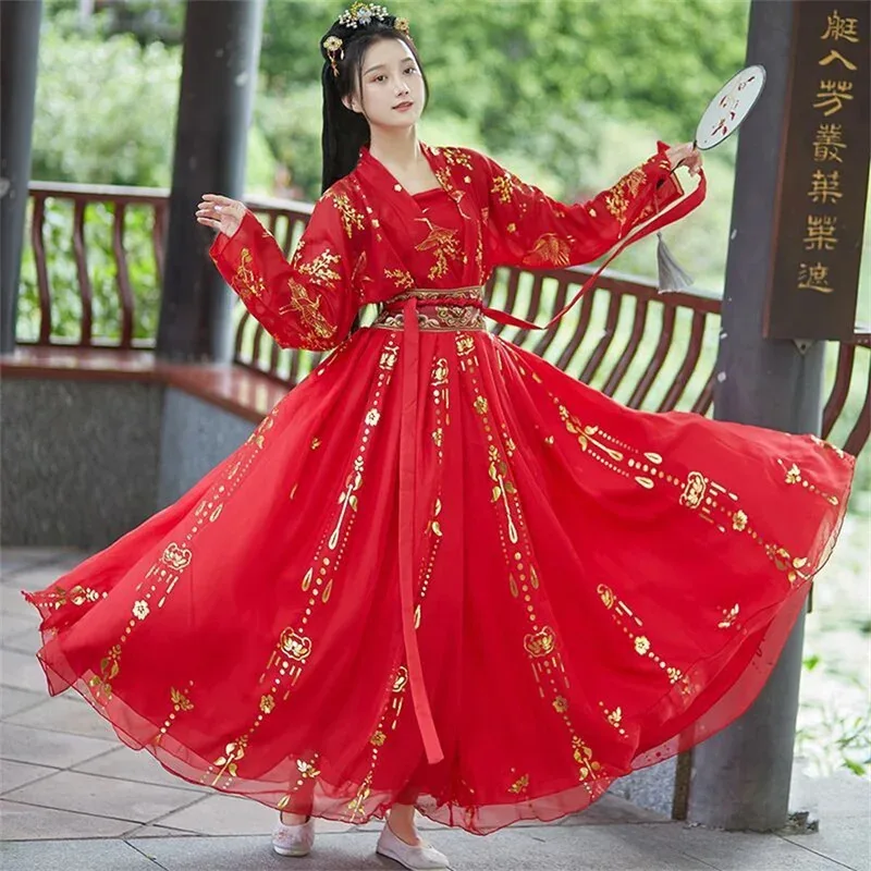 Chinese Hanfu Dress Women Traditional Vintage Hanfu Halloween Cosplay Costume Dance Dress Hanfu Gradient Red white 4pcs Sets