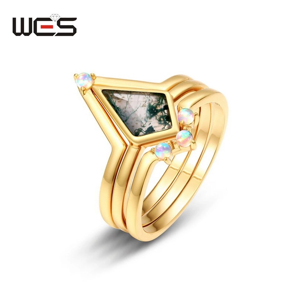

WES 925 Sterling Silver Unique Crown Natural Moss Agate Promise Gold Ring Set for Woman Wedding Birthday Gift Gem Fine Jewelry