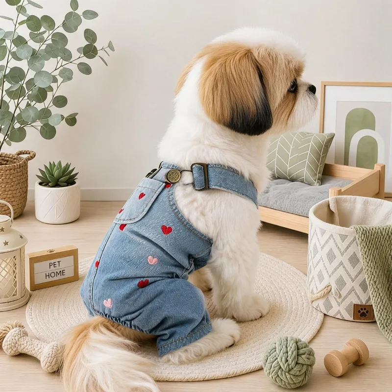 Falda navideña para perros y gatos, de tela vaquera con bordado de corazón, estilo peto, falda navideña para perros y gatos, falda vintage de cuatro patas para mascotas pequeñas