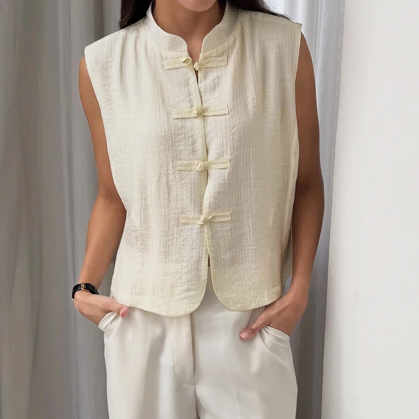Linad Vintage Chinese Knot Stand Collar Vest Female Street  Apricot Stand Collar Tank Tops Summer Casual Sleeveless Tops 2026