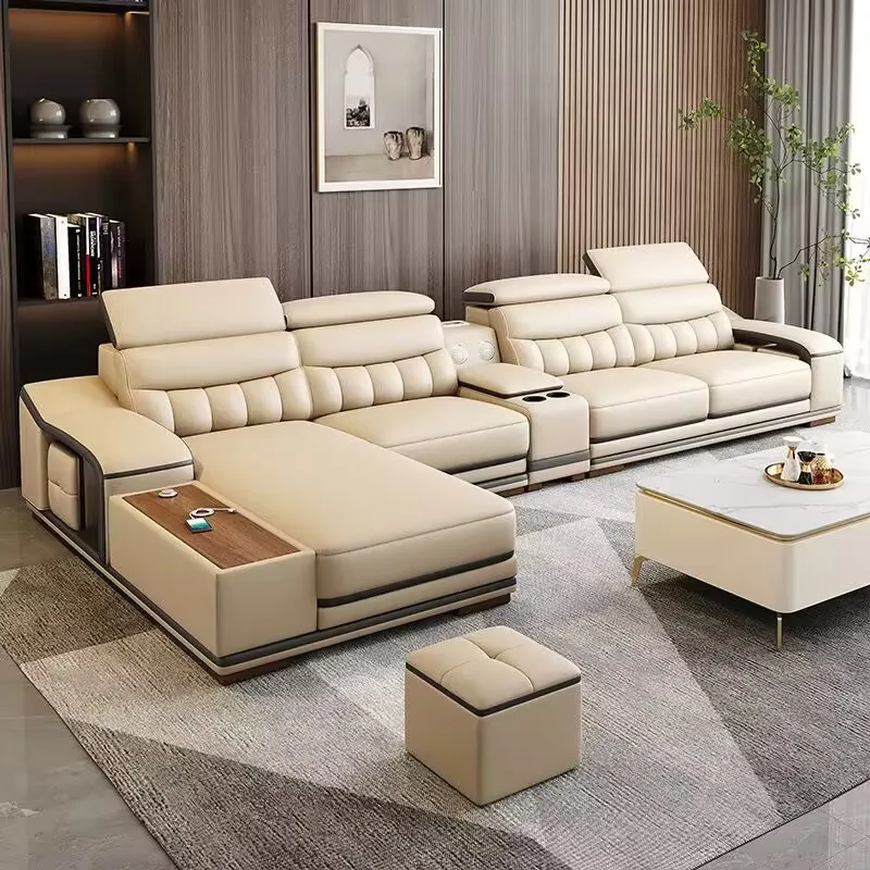 

Luxury Cow Leather Extendable L-Shaped Sofa Set for Hotel & Living Room Customizable Size & Design Modern Smart Furniturepromote