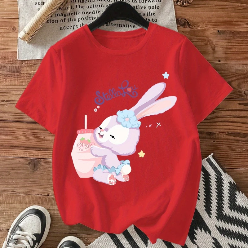 ディズニー レディース ステラルー ウサギ柄 Tシャツ - コットン 通気性 ラウンドネック ルーズ カジュアル 半袖、かわいい漫画プリント