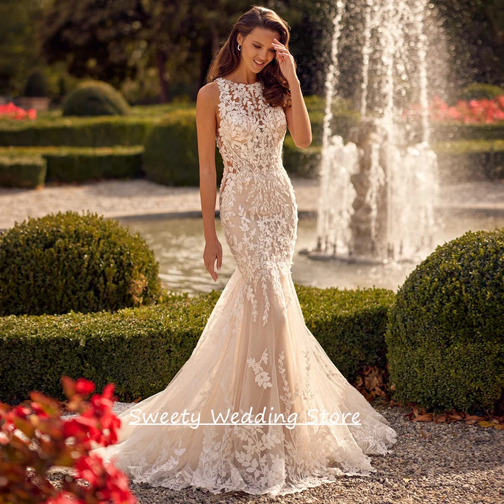 

Роскошные свадебные платья-русалки на заказ с круглым вырезом, без рукавов, с иллюзорной спинкой, на пуговицах, со шлейфом, кружевное свадебное платье