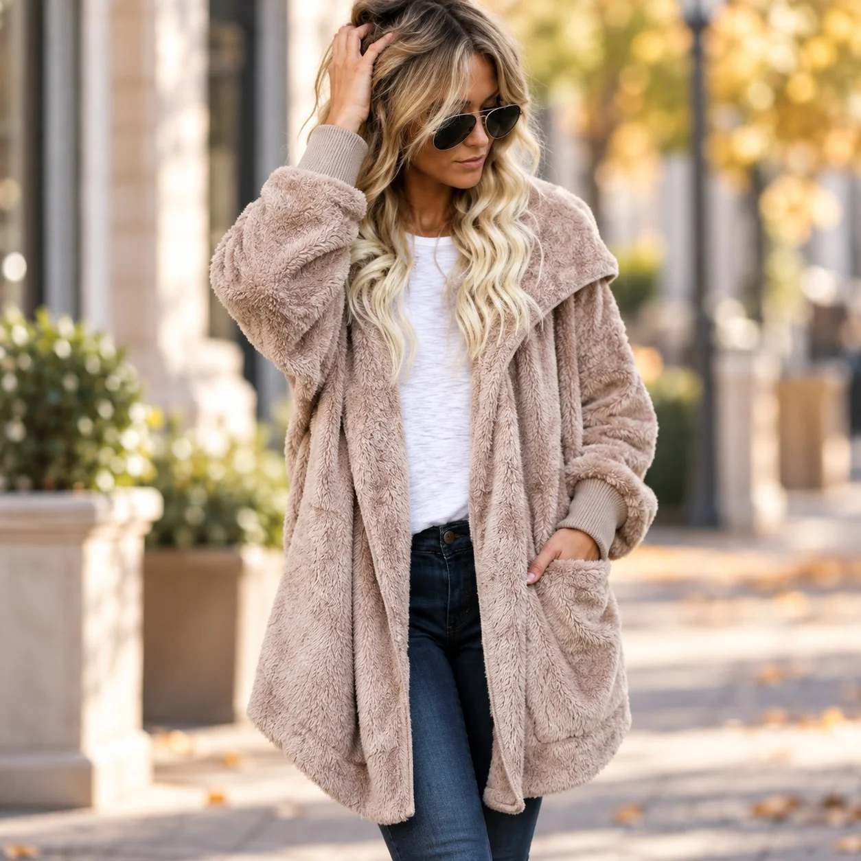 Open Front Hooded Coat Mid Length Elegant Commuter with Single Set Batwing Sleeve Composite Construction Winter Women Coat