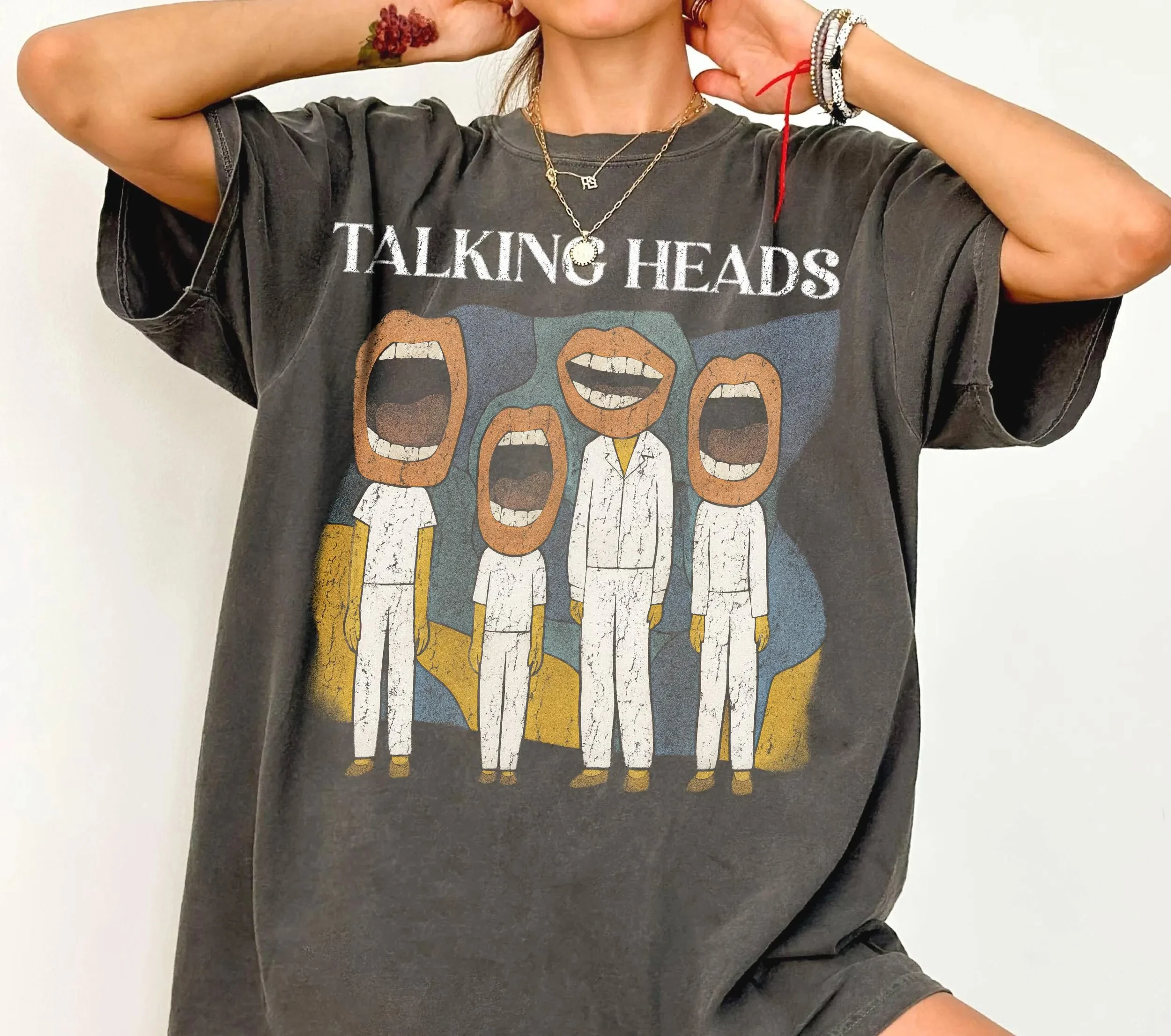Summer Women's Vintage Talking Heads Print T-shirt Streetwear Oversized Loose Casual Short Sleeve Suitable for All Seasons