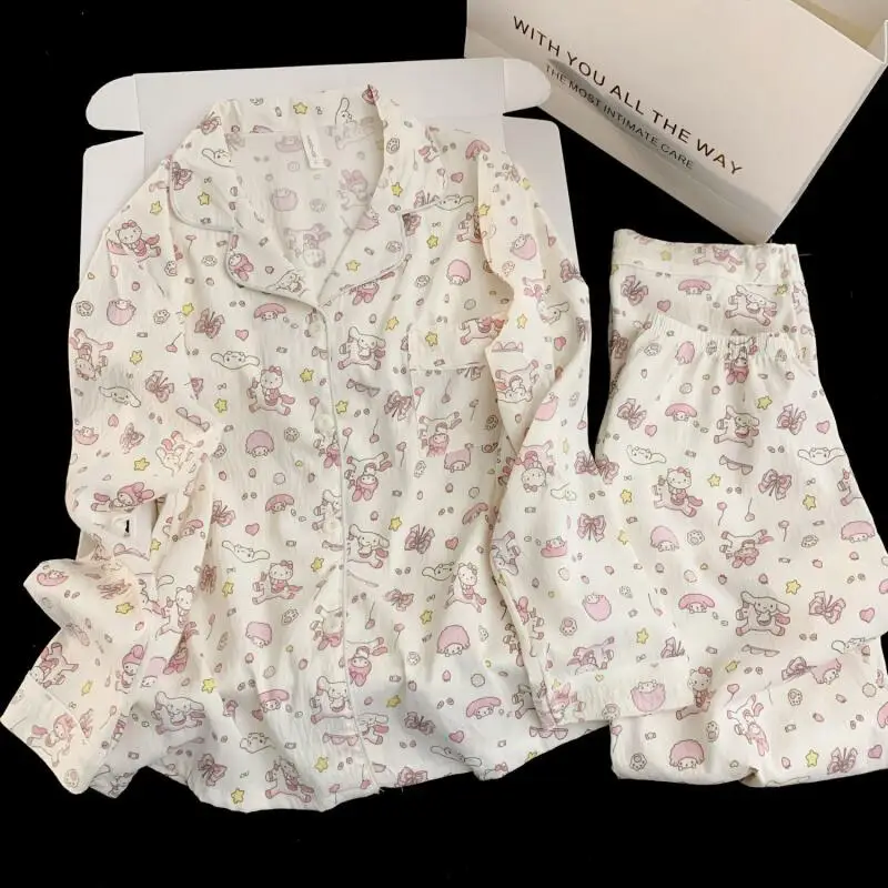 

Новый комплект женской хлопковой пижамы Sanrio Cinnamoroll: милый мультяшный весенний домашний костюм с длинным рукавом и брюками для студентов