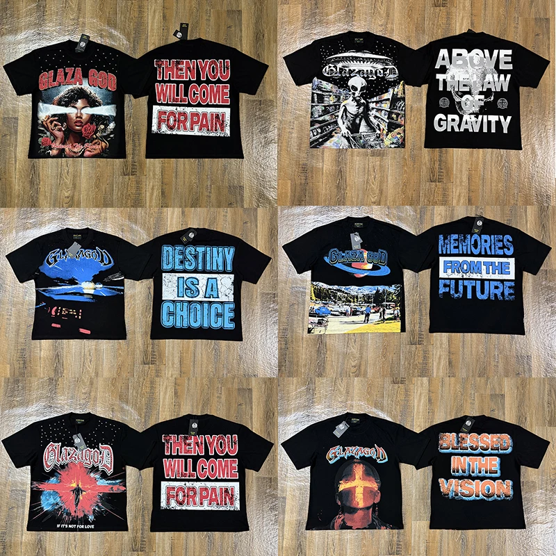High-Quality Cotton Glaza God T Shirt Street Men's Round Neck Studded Diamond Print Short Sleeve Retro Hip-Hop Style T-shirts
