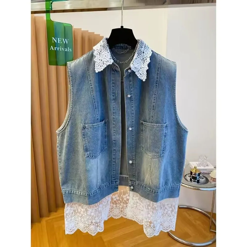 

Весенне-летний женский джинсовый жилет, повседневная куртка без рукавов, кружевное джинсовое пальто, уличная одежда, женский ковбойский жилет Chaleco Mujer