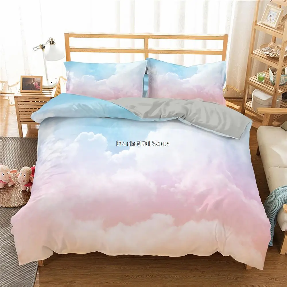 Blue Sky Duvet Cover Comforter Bedding Set Luxury 2/3pcs Beautiful Quilt Cover Pink Hot Air Balloon Clouds Bed Linens