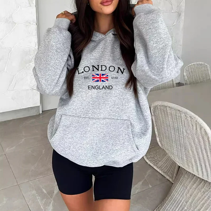 Vibrant London Print Drawstring Hoodie Fashion Sweatshirt with Kangaroo Pocket Casual Oversized Long Sleeve Streetwear