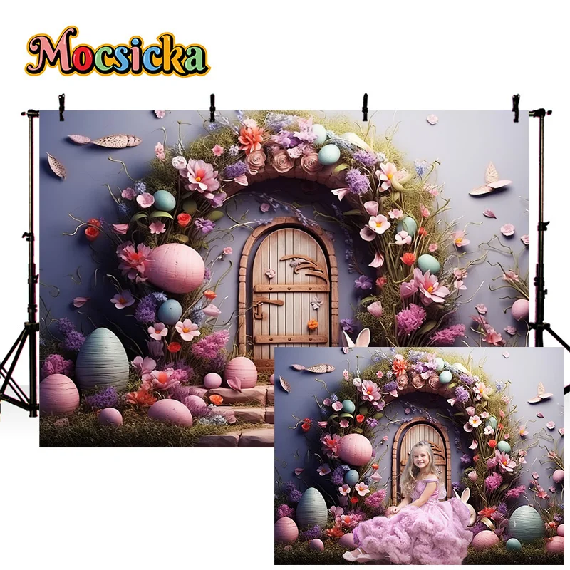 Mocsicka Spring Photography Backdrop Easter Party Eggs Floral Wooden Door Background Kids Happy Birthday Cake Smash Photo Props