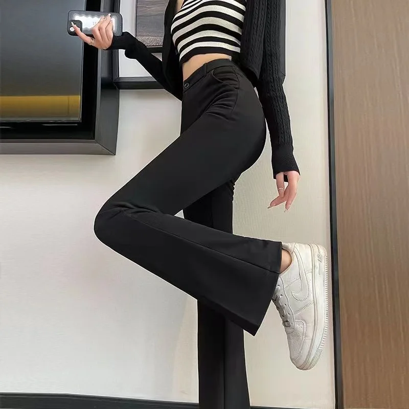 High Waist Slim Fit Flared Pants Women's Casual Black Elastic Autumn Spring Fashion Trousers Polyester Fiber mid Waist