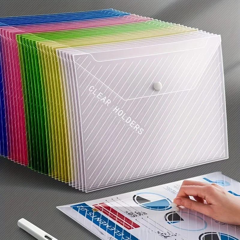 

20pcs Plastic Transparent A4 Document Bag with Snap Button for Office File Storage, Students