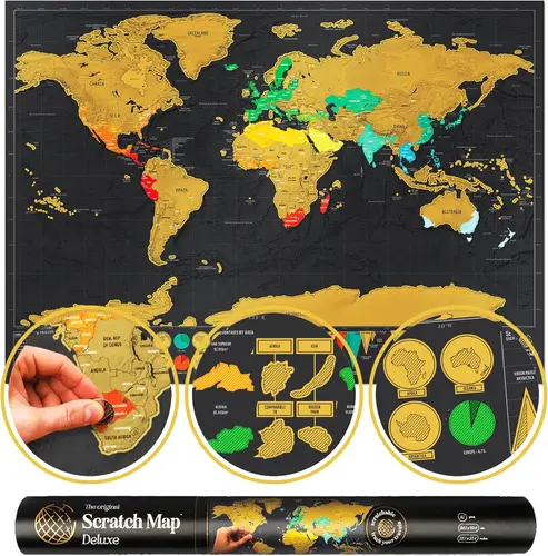 Mapa de rascar | Mapa de viaje y mapas del mundo para rascar | X-Grande rascador de mapas del mundo | Viaje Deluxe en Oro Negro