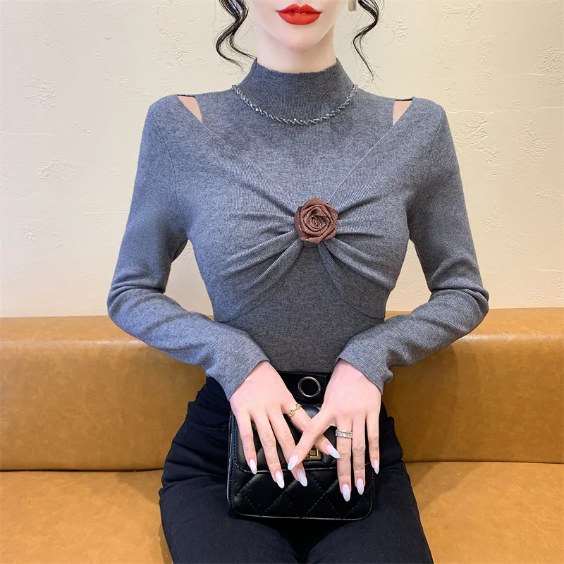 Fake Two Piece Knitted Sweater Women Three Dimensional Flower Off Shoulder Long Sleeve Knit Top Pullover Blouse