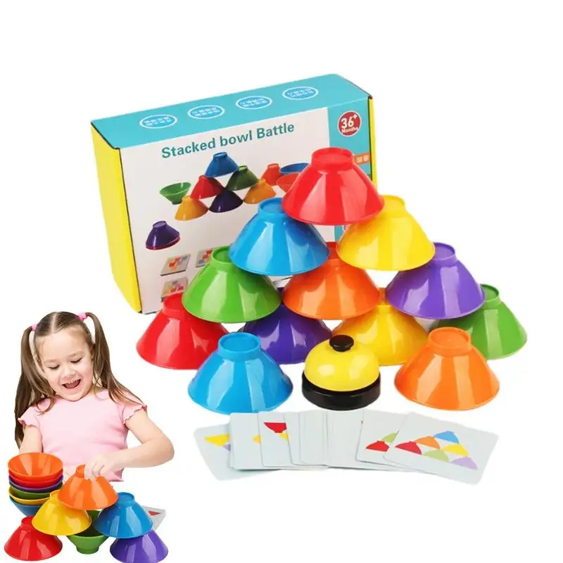 Arco-íris empilhamento tigelas brinquedo, brinquedo sensorial para pré-escolar atividades de aprendizagem, 6 tigelas empilháveis com sino, 25 Cards Puzzle