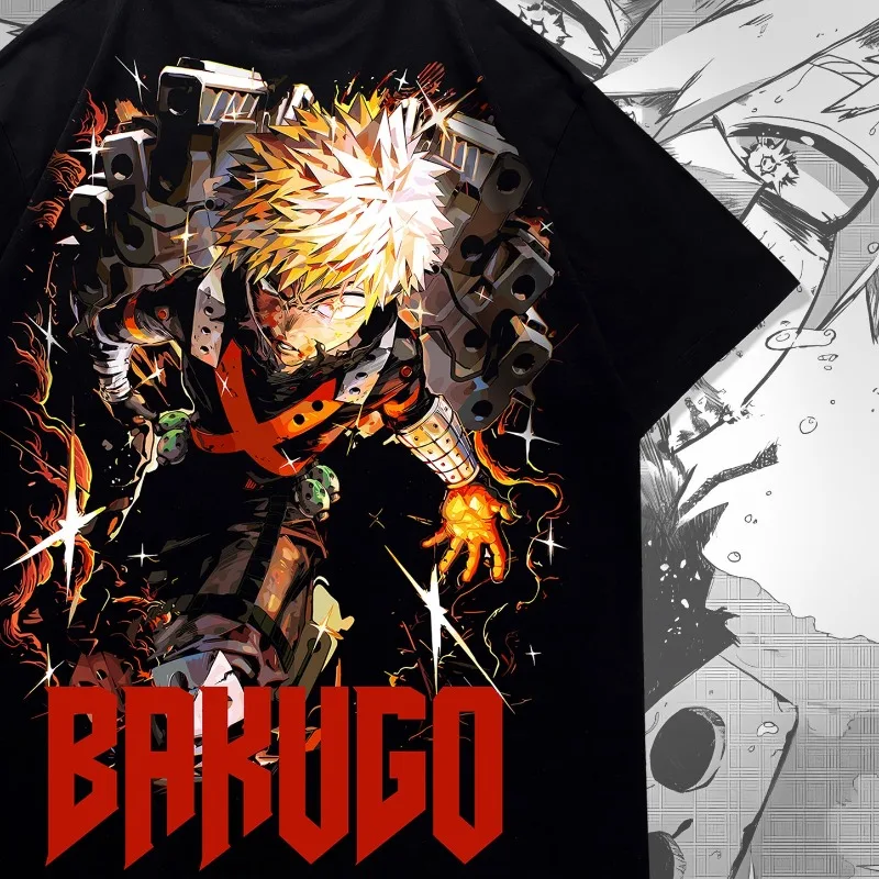 Bakugo Anime Double Sided Print T Shirt Oversized Graphic Tee, My Hero Academia Inspired Manga Short Sleeve