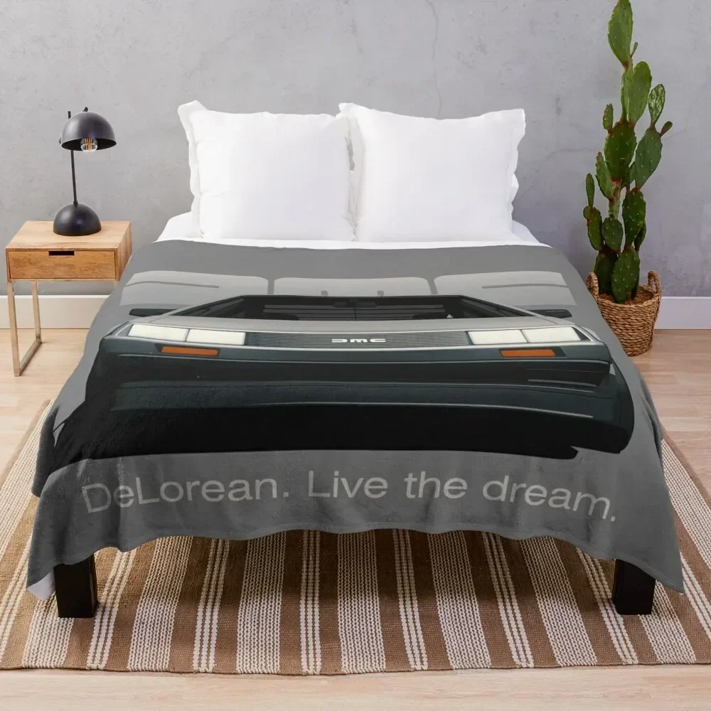 DeLorean DMC-12 cartoon retro style car front view with slogan Throw Blanket Bed Loose Furry Blankets