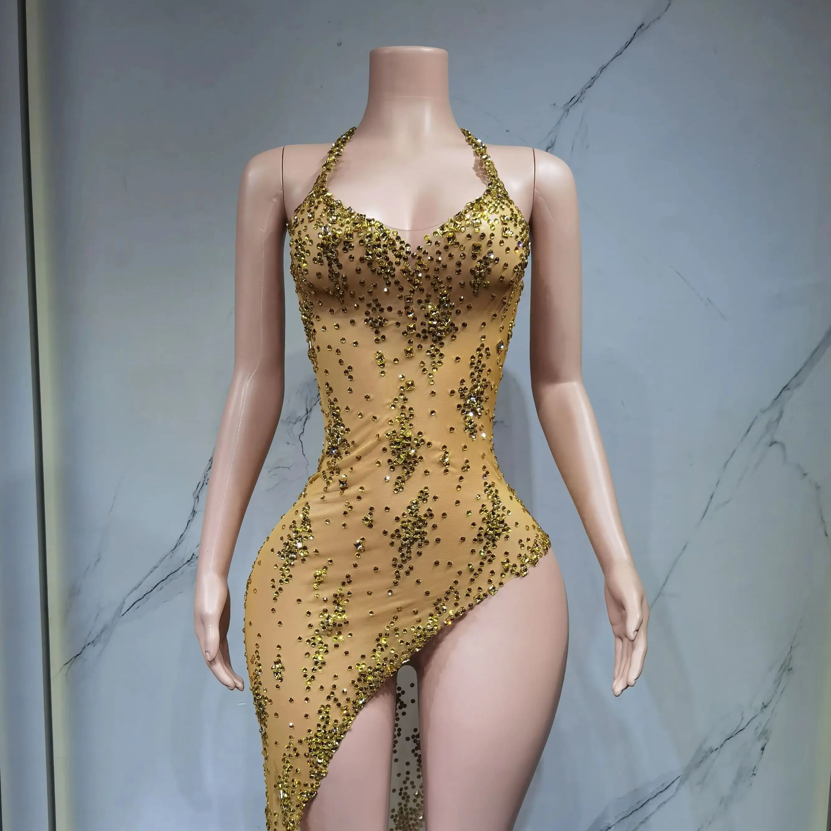 Brilhante cristal diamante ouro sexy transparente bainha vestido boate desempenho custome palco wear aniversário noite parte