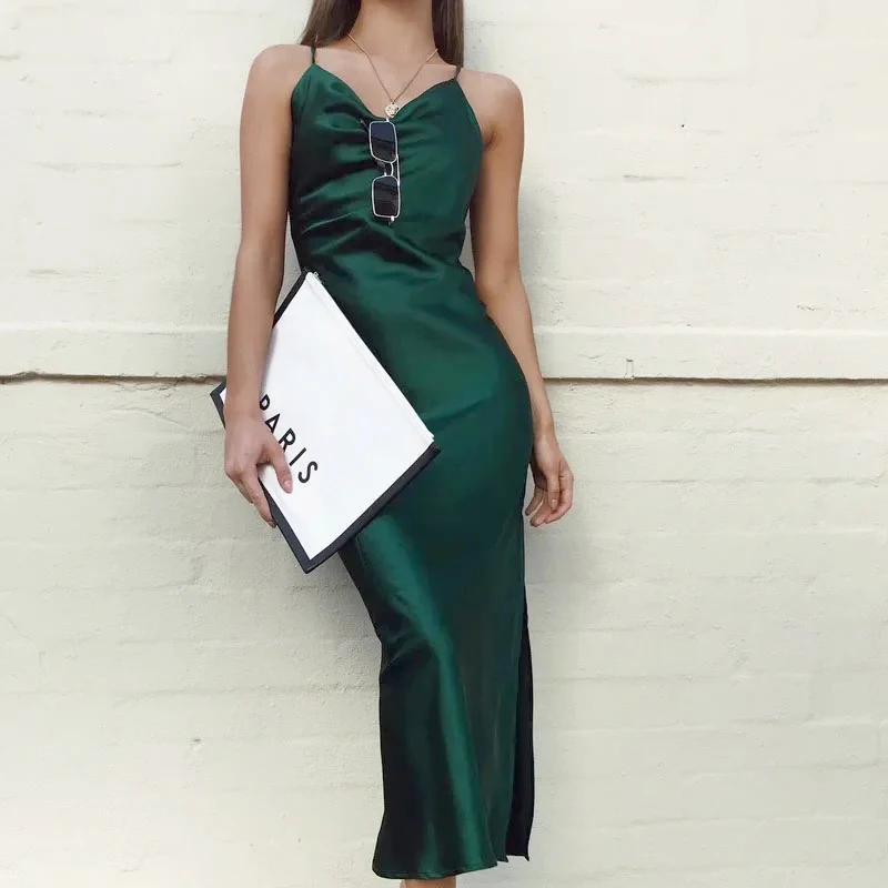 فستان نسائي بحمالات من الساتان مكشوف الظهر ، فستان سهرة متوسط الطول أخضر أنيق ، نادي حفلات مثير ، الصيف ، من من الخارج ، من الخارج #1