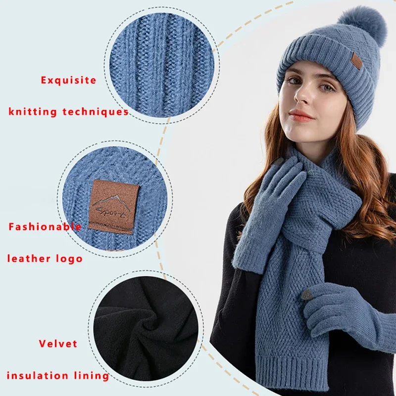 Mulheres malha velo forrado gorro chapéu cachecol e luvas touchscreen conjunto, etiqueta de couro, pele bola cap, inverno quente, 3pcs conjunto