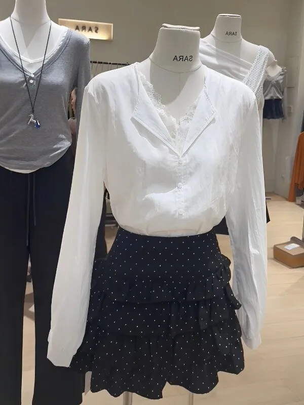 

Женская весенняя блузка с V-образным вырезом, кружевными вставками и длинными рукавами, имитация двухслойности, дышащая, комфортная, белая, для зрелых женщин