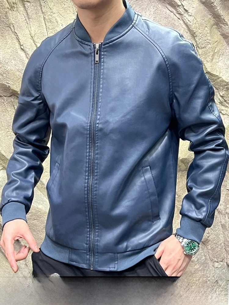

Casual Fashionable Men's Leather Jacket Sheepskin Stand Collar Soft Polyester Long Sleeve Business Casual Style Color